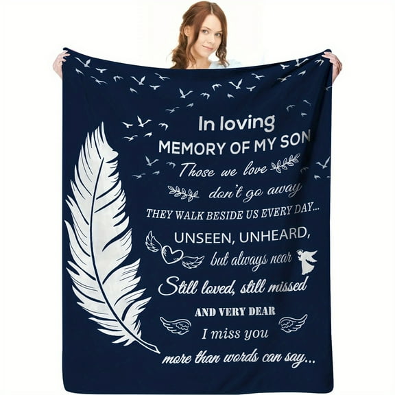 In Loving Memory of My Son Soft Fleece Throw Blanket - Lodge Style, Feather and Flying Birds Pattern, Polyester, Knitted, All-Season Comfort - Character Theme Special Memorial Gift Blanket