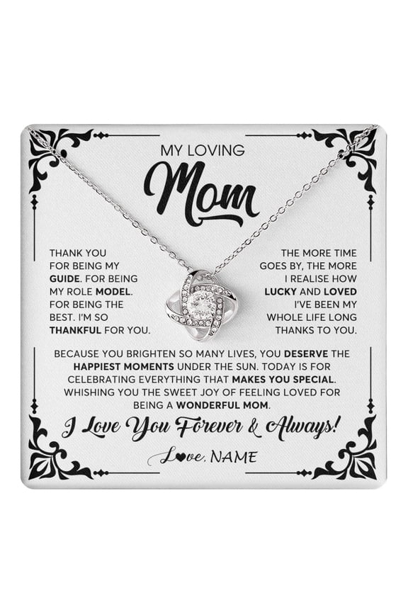 Loving Mom Thank You Guide Necklace, Gold Love Knot Necklace