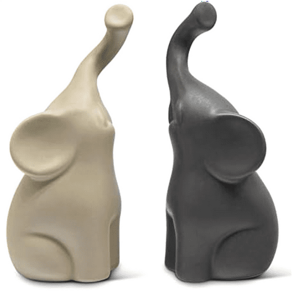 Loving Pair of Elephants in Beige & Grey - Modern Ceramic Sculpture - Figurine As A Set - Decoration Figure - Ornament