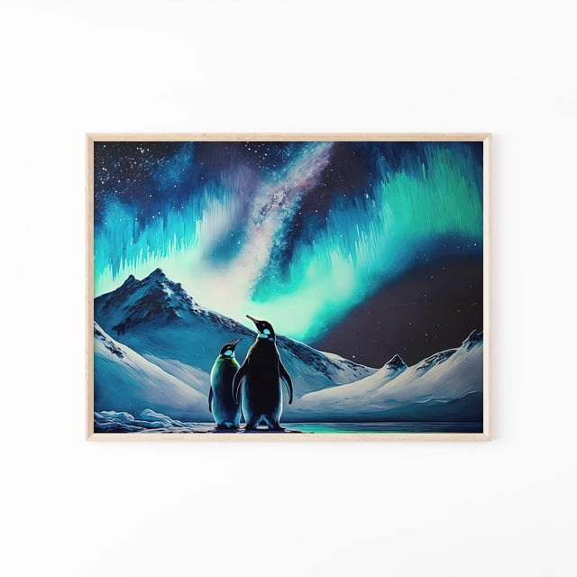 Loving Penguins Aurora Borealis Wall Art Print, Northern Lights Winter ...