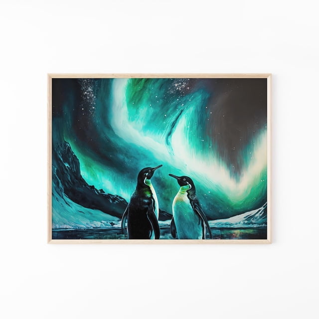 Loving Penguins Aurora Borealis Wall Art Print, Northern Lights Winter ...