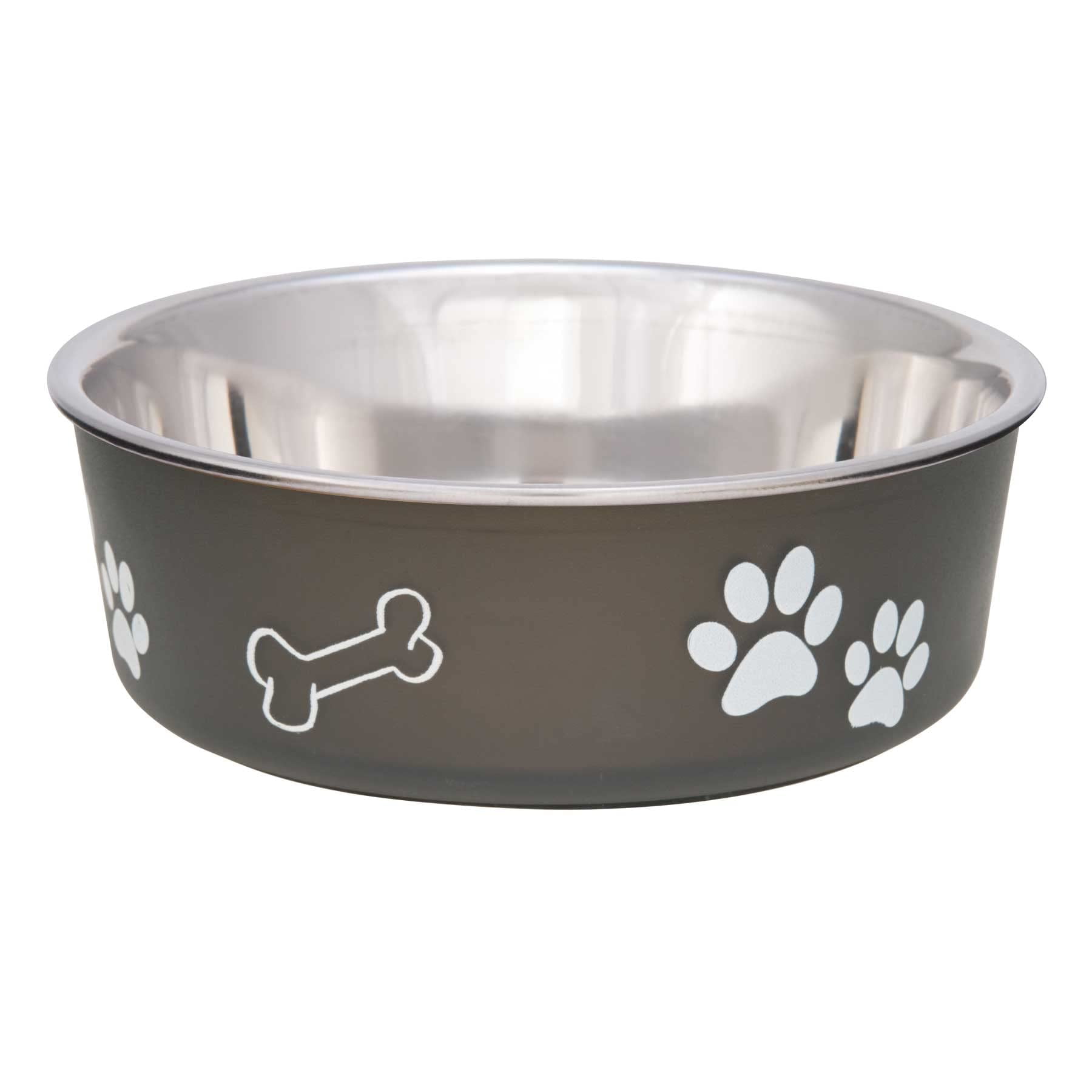 Medium Espresso Stainless Steel Pet Bowl with Paw Prints