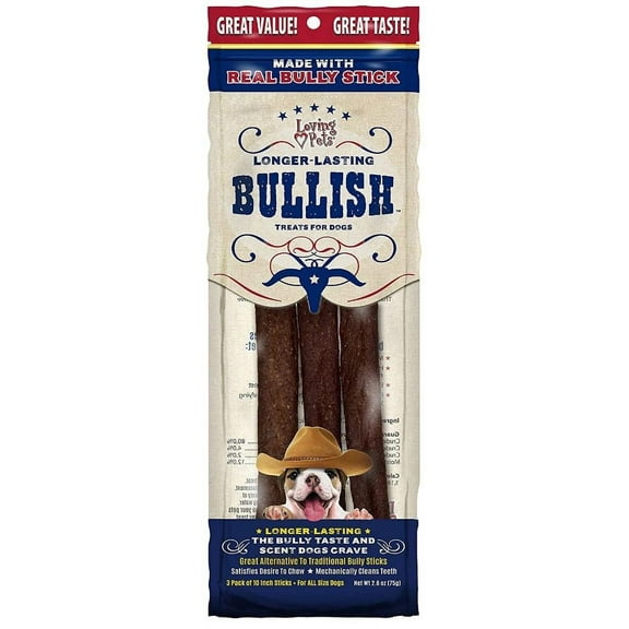 Loving Pets Long Lasting Bullish Sticks for Dogs 10 Inch Long [Dog, Treats Packaged] 3 count