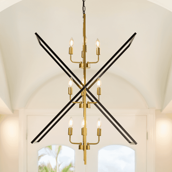 LovingAHome 12-Light Farmhouse Chandelier Black Gold Candle Style Pendant Light Fixtures for Staircase Foyer Entryway