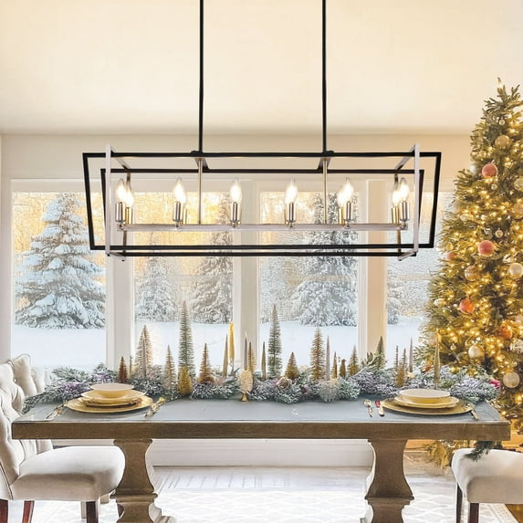 LovingAHome 12-Light Farmhouse Chandelier Rectangle Industrial Light Fixture for Living Room Kitchen, Black Silver