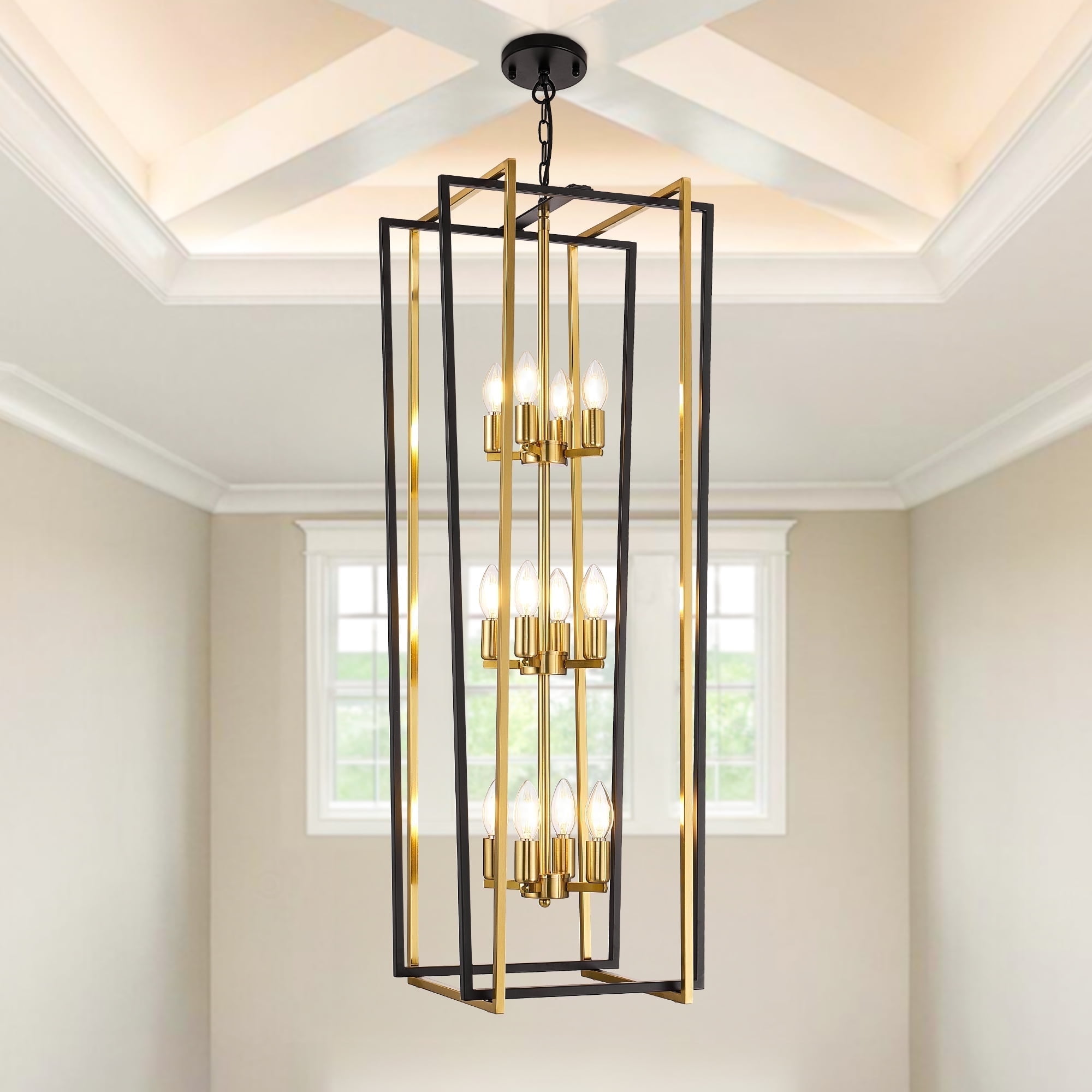 LovingAHome 12-Light  Farmhouse Lantern Pendant Light Long Chandeliers for High Ceilings Foyer Pendant, Black & Gold