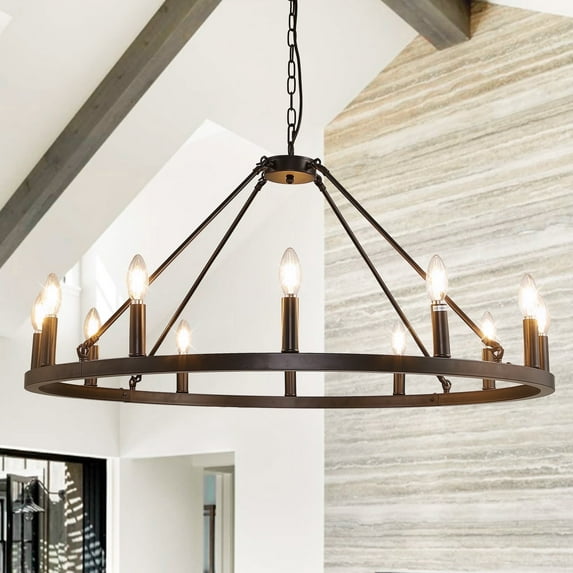 LovingAHome 12-Lights Black Industrial Wagon Wheel Chandelier Light Fixture for Foyer Dining Room Kitchen Living Room Entryway