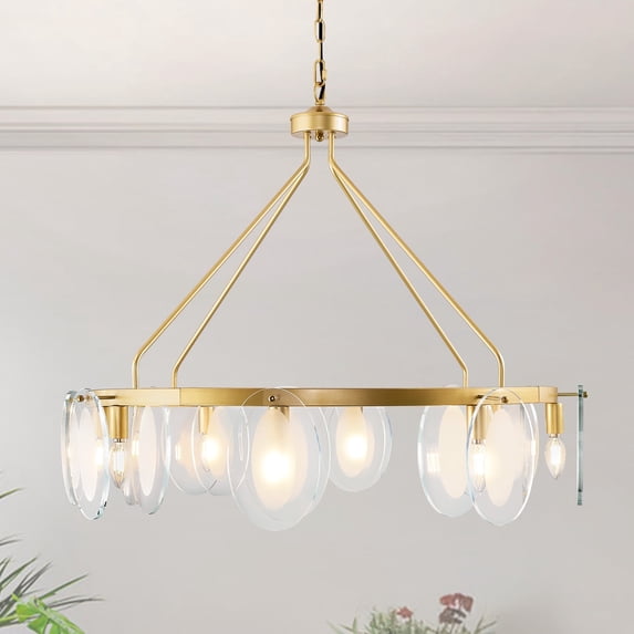 LovingAHome 35.43'' Modern Chandelier for Living Room Dining Room, 8 Lights Glass Leaf Wagon Wheel Chandelier,Gold