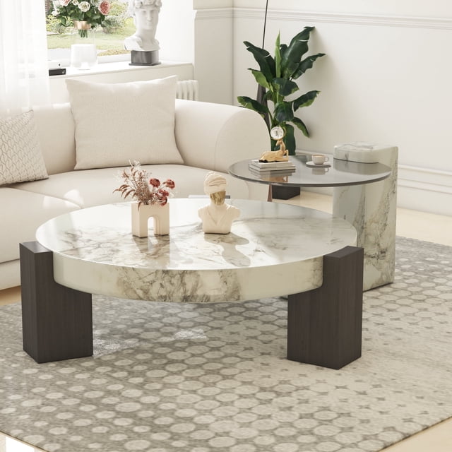 LovingAHome 35.43" Modern Round Nesting Coffee Table Set of 2,Faux Marble Center Coffee Table ...