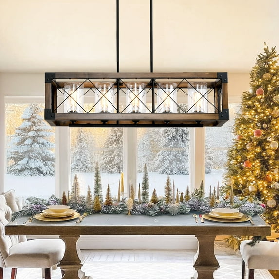LovingAHome 5-Light Kitchen Island Lighting, 35.5 Inch Rustic Rectangle Chandeliers for Dining Room