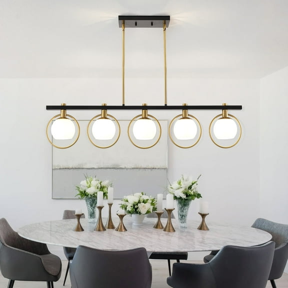 LovingAHome 5-Light Kitchen Island Pendant Light Metal Swivel Bars with Glass Shade Dining Room Light Fixture,Black&Gold