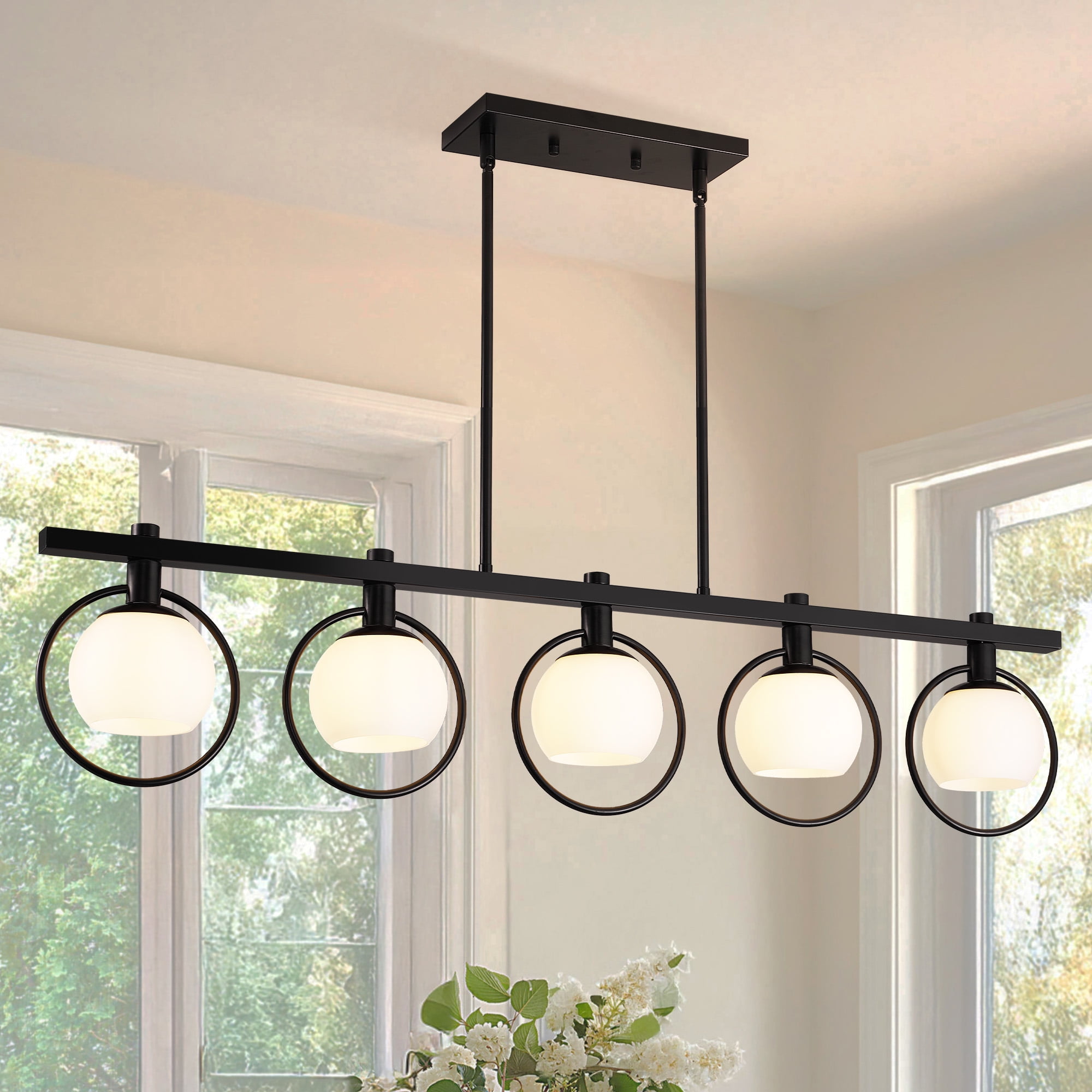 LovingAHome 5-Light Kitchen Island Pendant Light Metal Swivel Bars with Glass Shade Dining Room Light Fixture,Black
