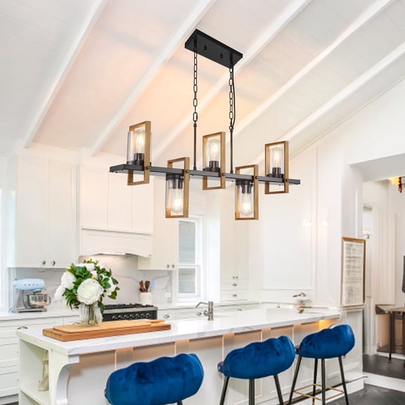 LovingAHome 5-Light Kitchen Island Rustic Adjustable Height Wood Rectangle Pendant Lights with Seeded Glass Shades