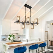 LovingAHome 5-Light Kitchen Island Rustic Adjustable Height Wood Rectangle Pendant Lights with Seeded Glass Shades