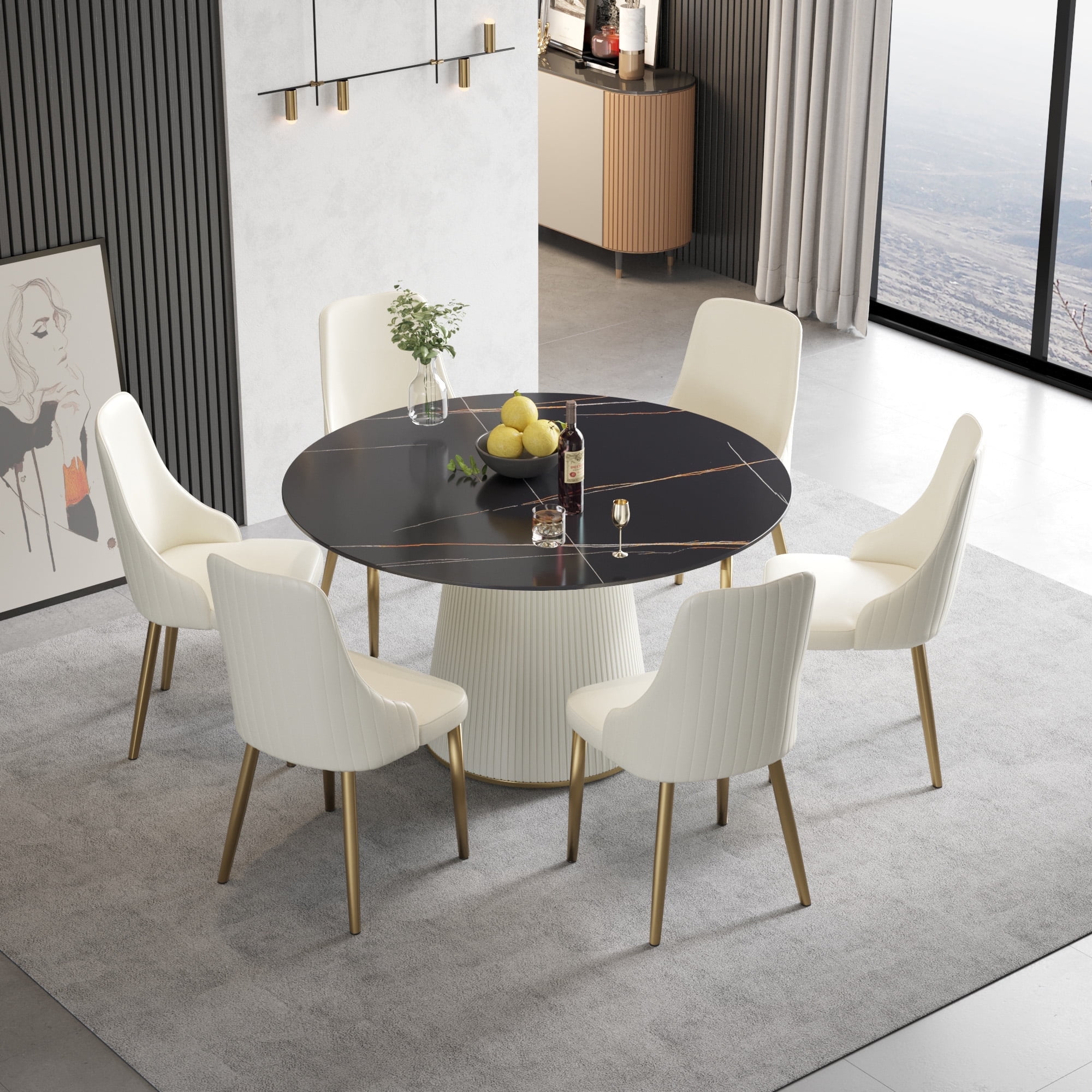 LovingAHome 53-Inch Modern Round Sintered Stone Top Kitchen Dining Table with Solid Wood Pedestal, White