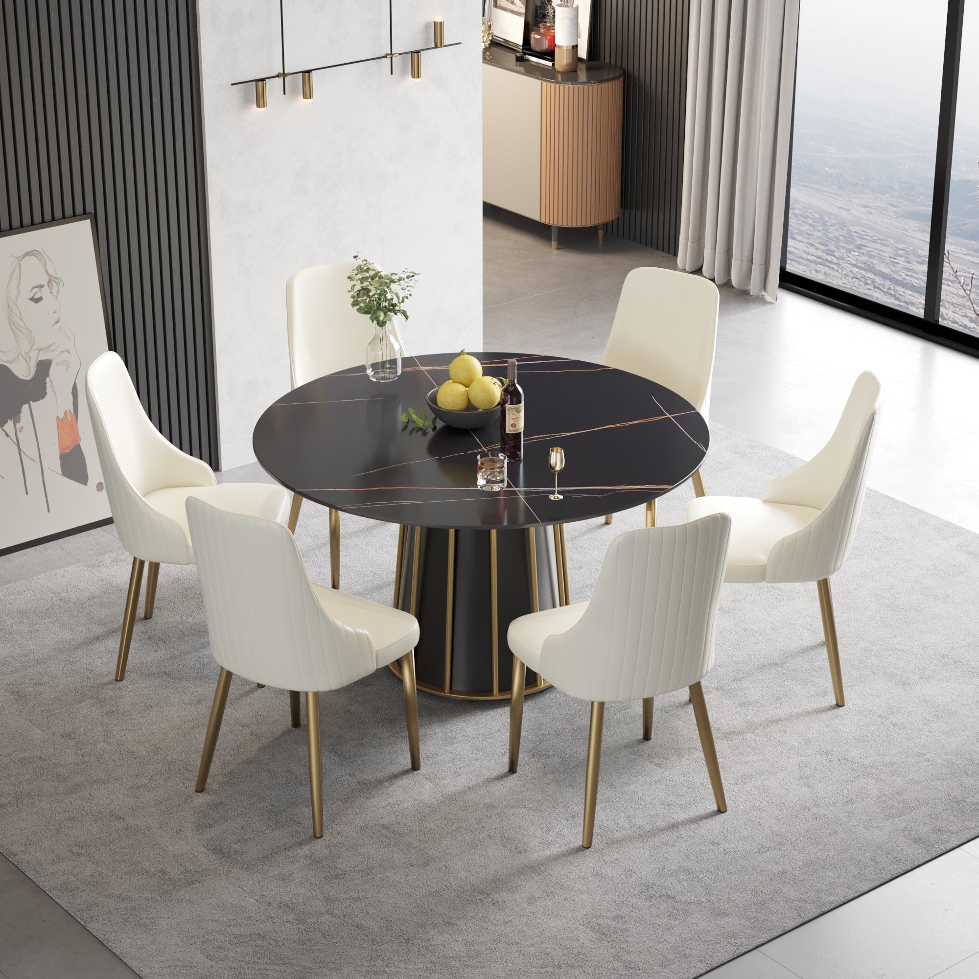 LovingAHome 53-Inch Modern Round Sintered Stone and PU Leather Kitchen Dining Table, Black