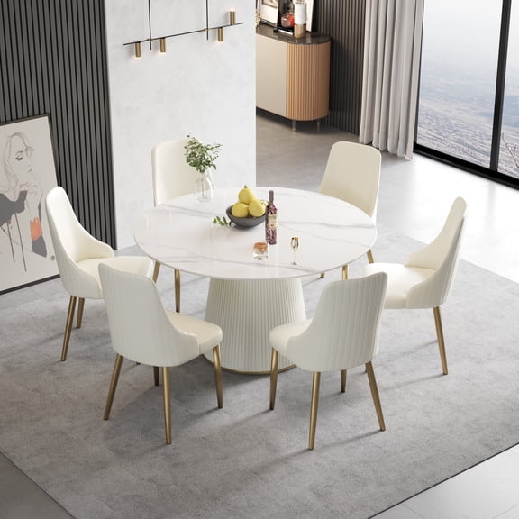LovingAHome 53-Inch Modern White Sintered Round Dining Table with Stone Top Solid Wood Pedestal, White