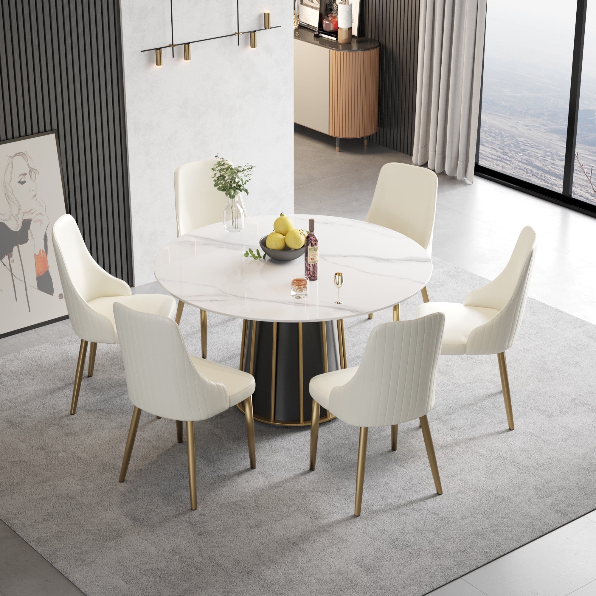 LovingAHome Round Dining Table for 6, Black Sintered Stone Tabletop ...