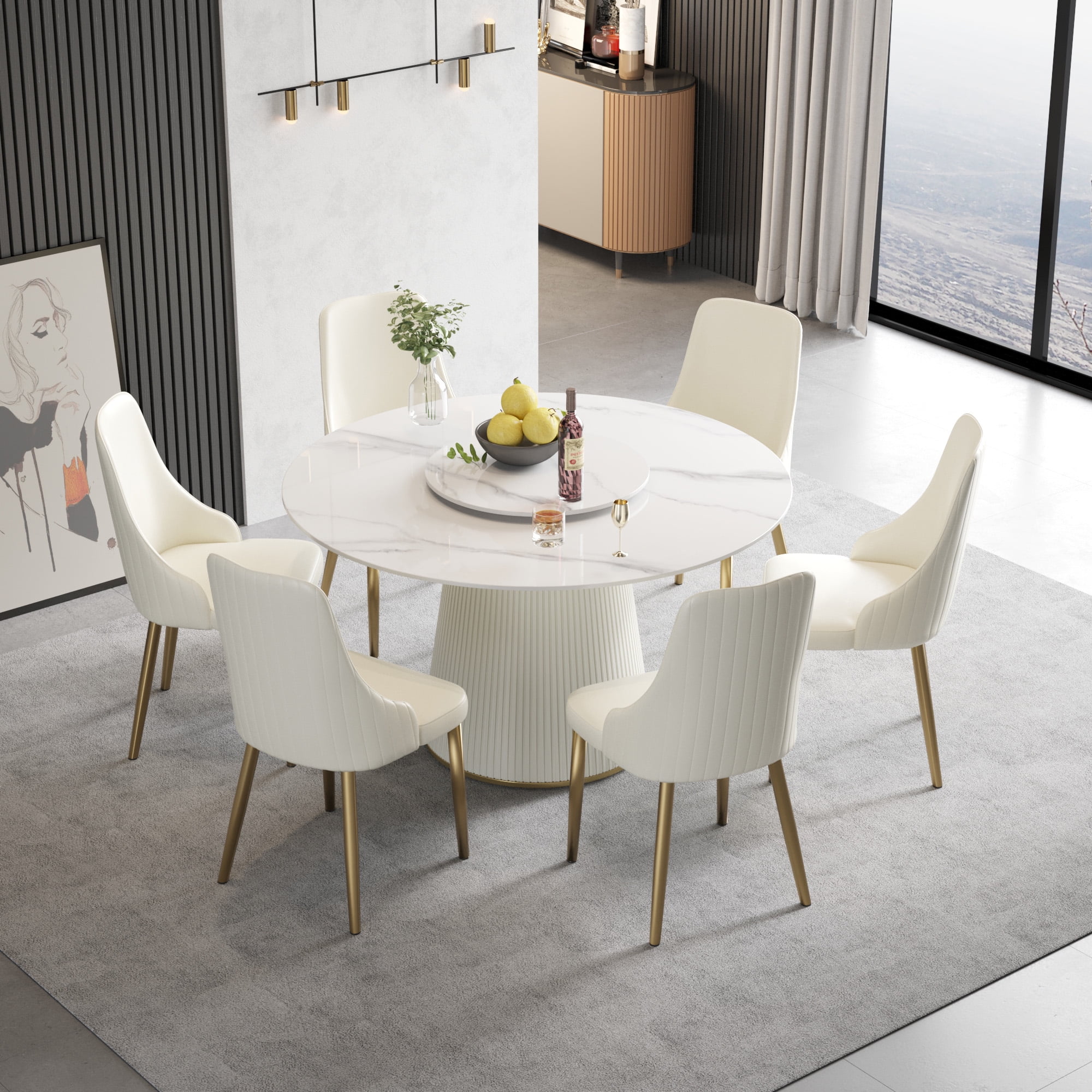 LovingAHome 53" Modern White Marble Sintered Stone Round Kitchen Dining Table with White (Only Table)