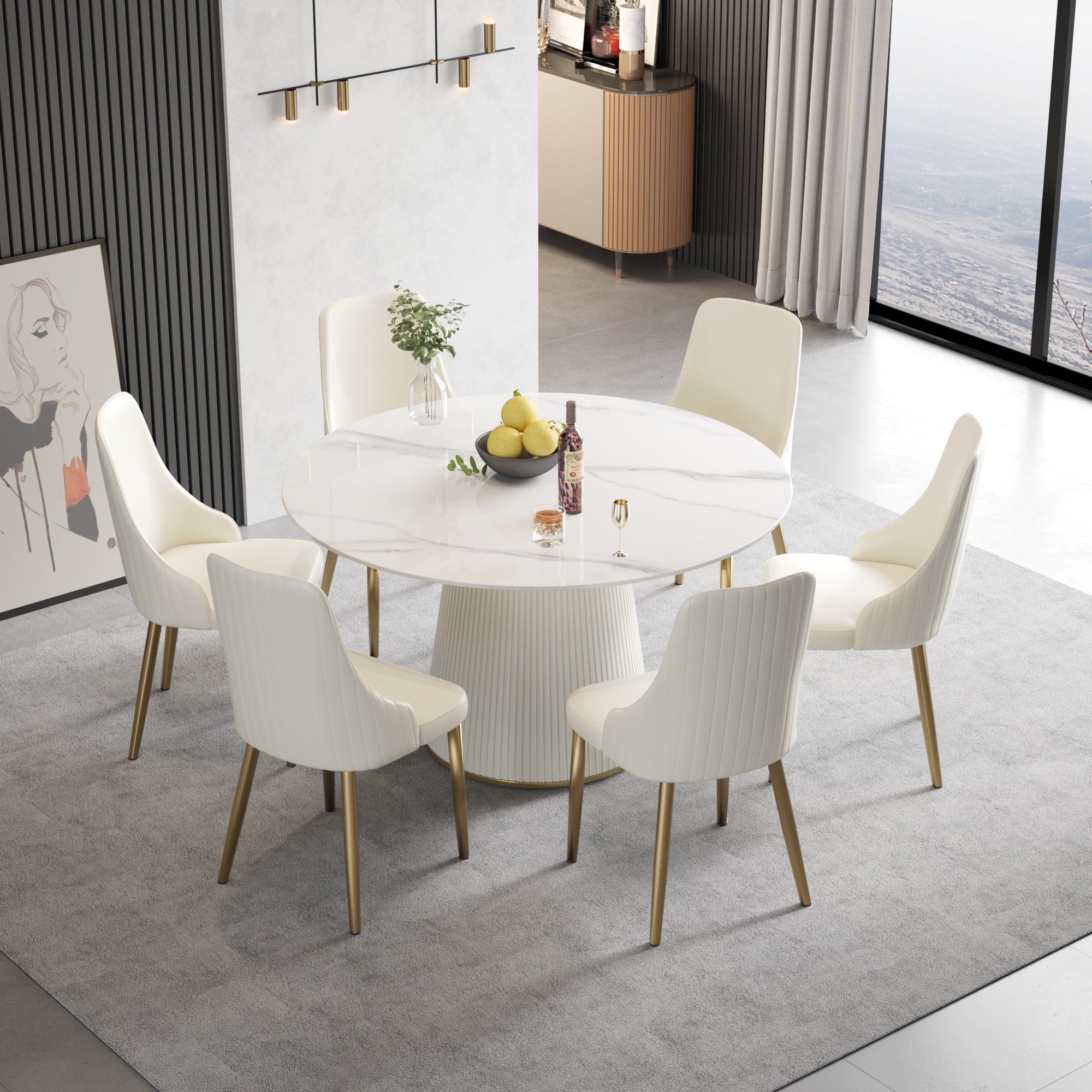 LovingAHome 53-Inch Modern White Sintered Round Dining Table with Stone Top Solid Wood Pedestal ...