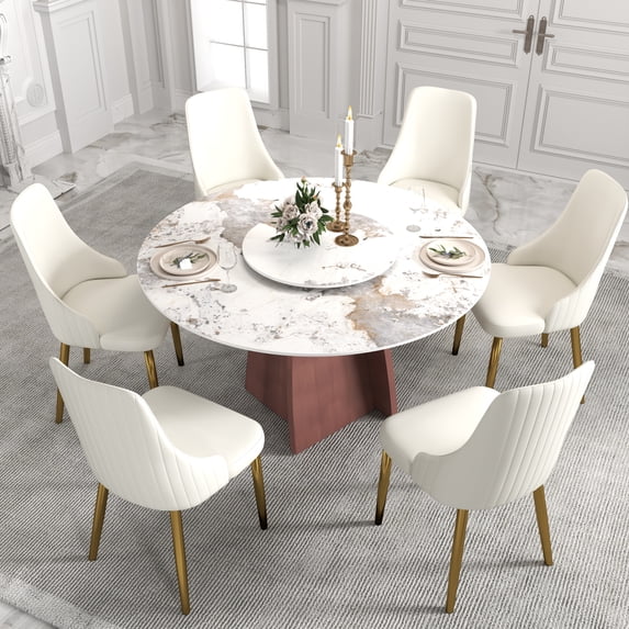 LovingAHome 53" Round Dining Table for 4-6 with 23.62" Lazy Susan, Modern Dining Room Table for Kitchen, Pandora White Sintered Stone Tabletop with Copper Stainless Steel Base (Table Only)