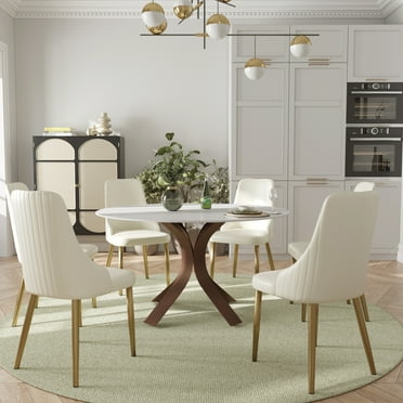 LovingAHome 53" Round Faux Marble Dining Table Set for 6 White Sintered Stone Top with Dining Chairs