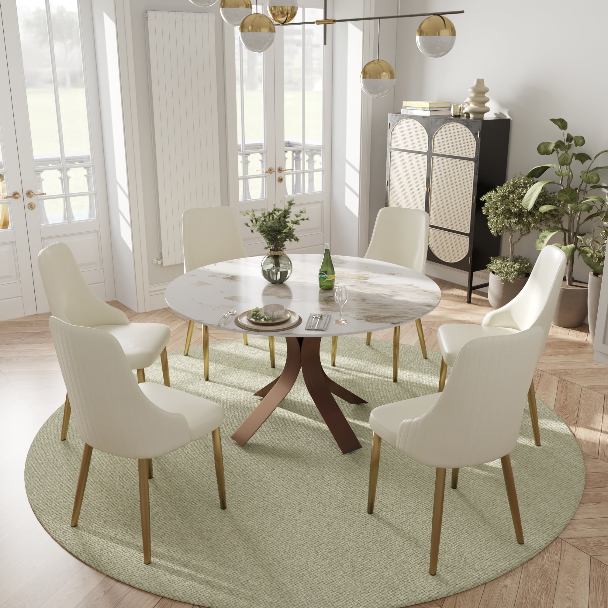LovingAHome 53" Round Faux Marble Dining Table Set for 6 White Sintered ...
