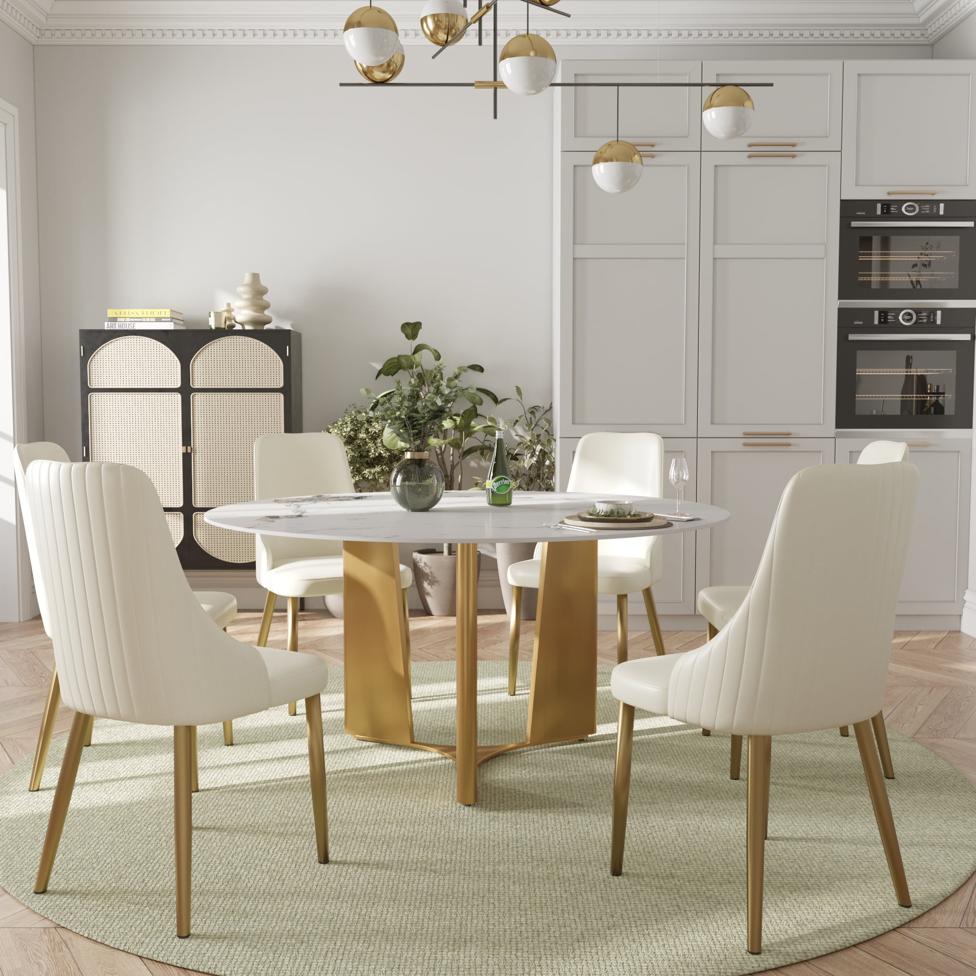 LovingAHome 53" Round Faux Marble Dining Table Set for 6 White Sintered ...