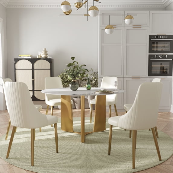 LovingAHome 53" Round Faux Marble Dining Table Set for 6 White Sintered Stone Top with Dining Chairs