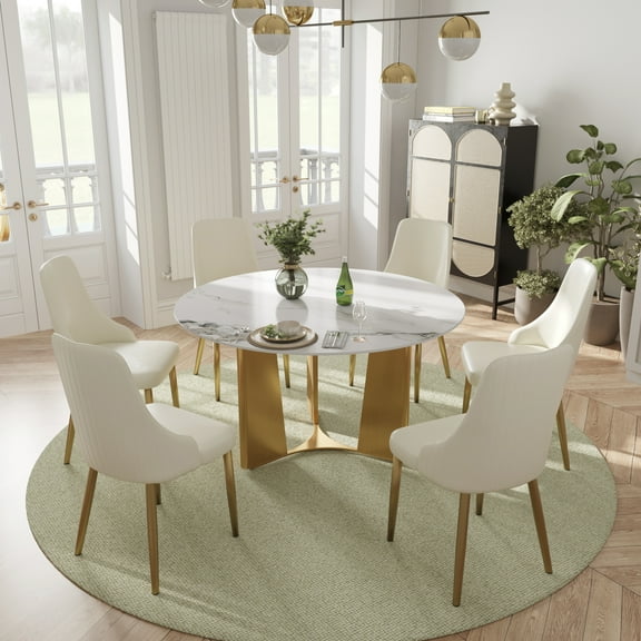 LovingAHome 53" Round Faux Marble Dining Table Set for 6 White Sintered Stone Top with Dining Chairs