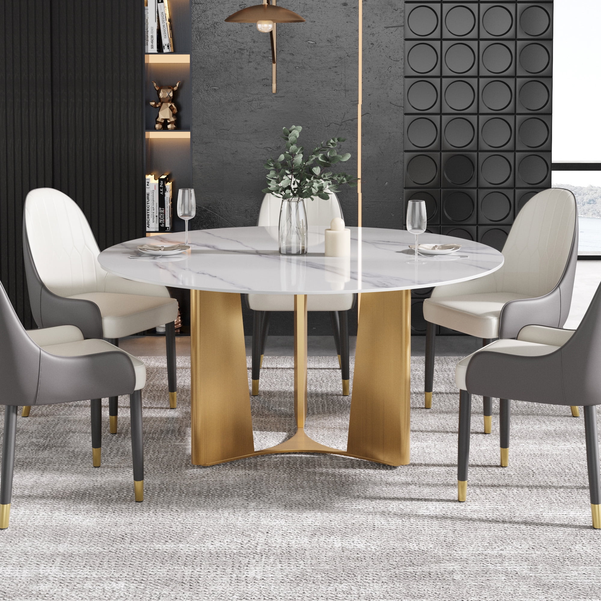 LovingAHome 53'' Round Faux Marble Dining Table for 6, White Sintered ...