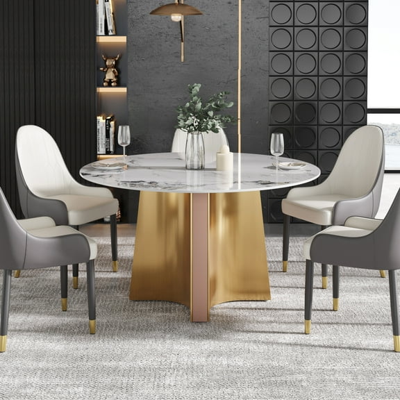 LovingAHome 53'' Round Faux Marble Dining Table for 6, White Sintered Stone Top with Gold Pedestal