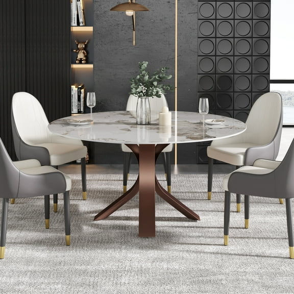 LovingAHome 53'' Round Faux Marble Dining Table for 6, White Sintered Stone Top with Gold Pedestal