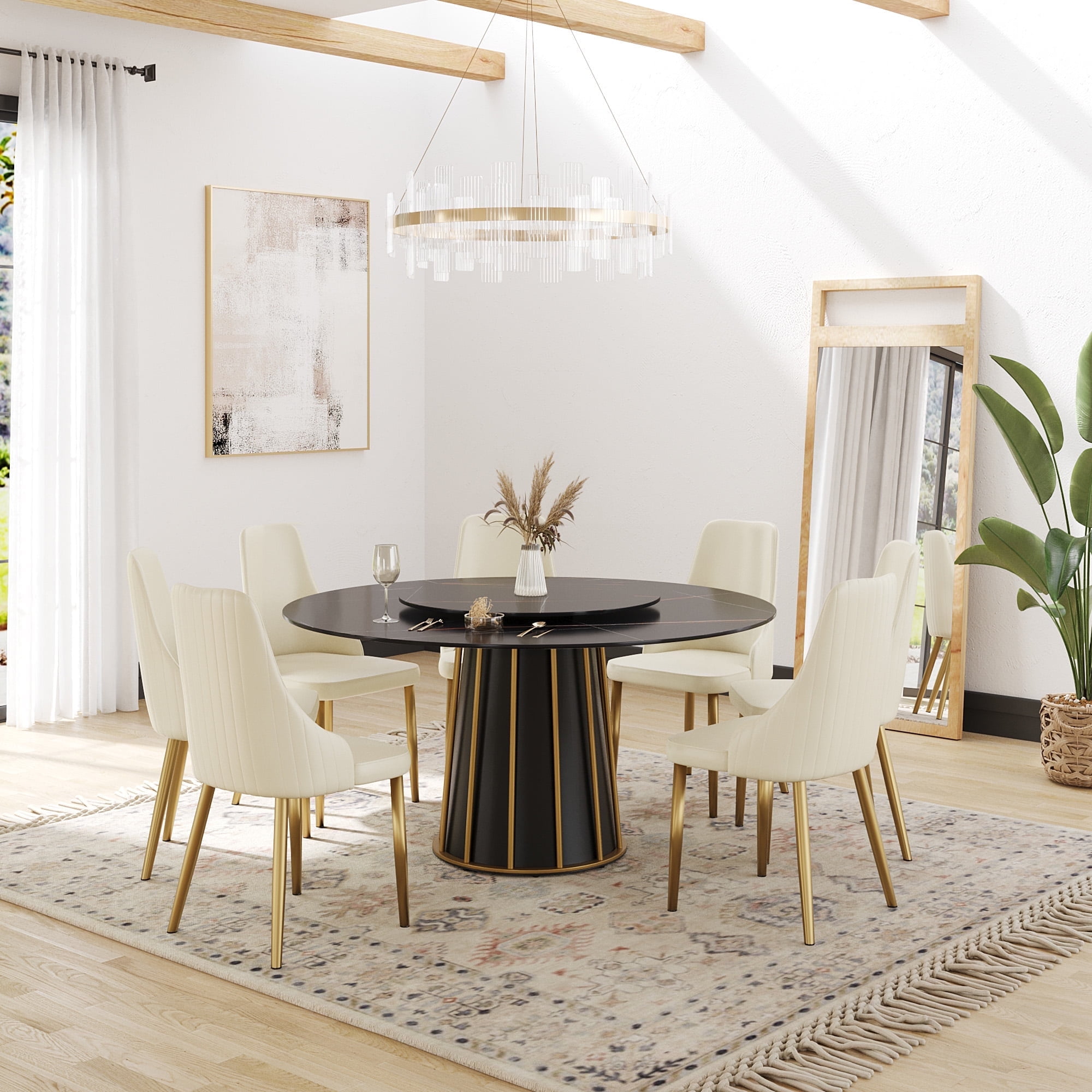 LovingAHome 59" Black Marble Sintered Stone Round Dining Table with ...