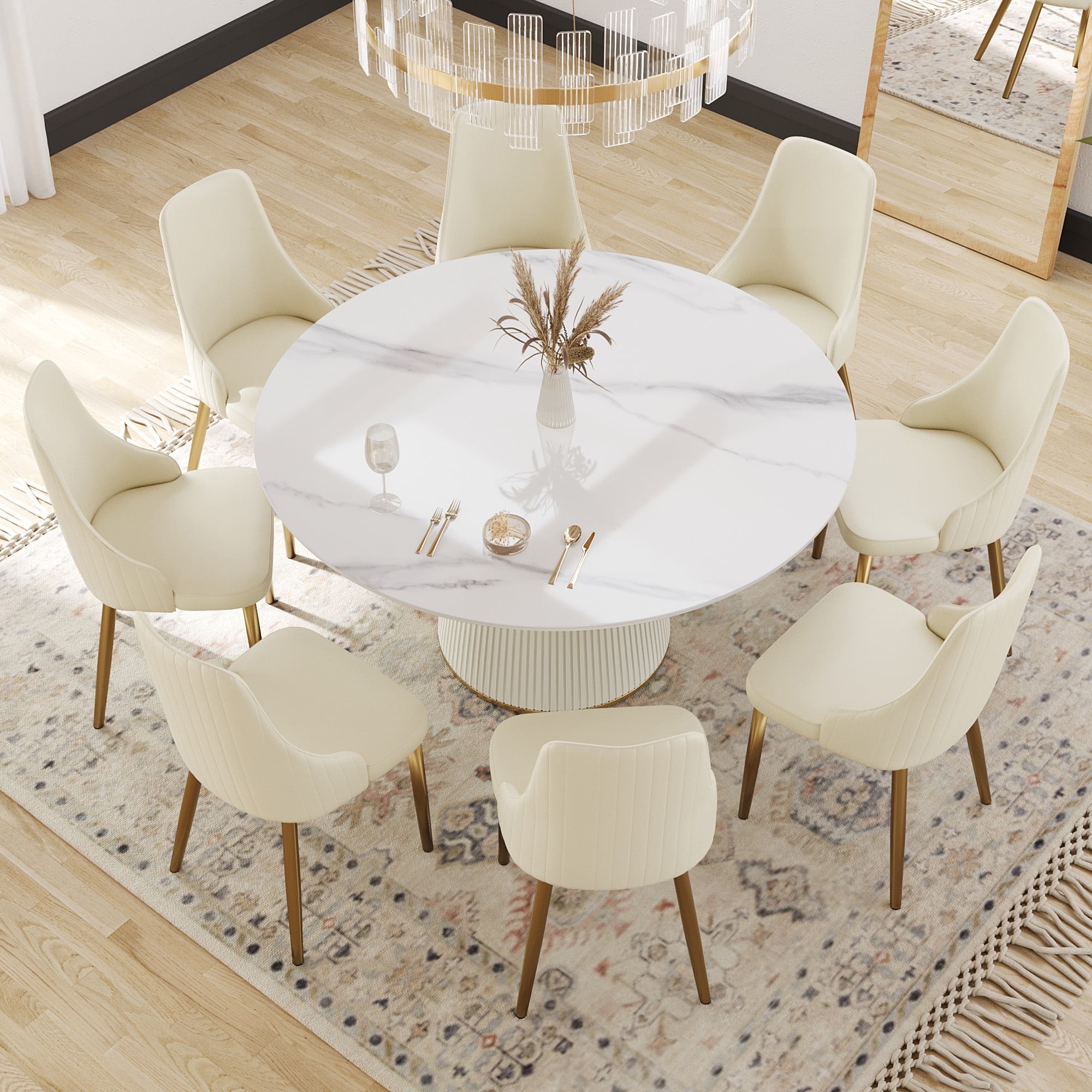 LovingAHome 59-Inch White Sintered Stone Round Dining Table with White ...