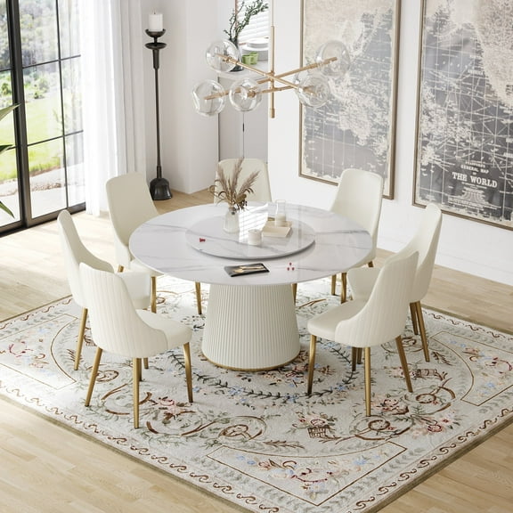 LovingAHome 59" White Marble Sintered Stone Round Dining Table with White Slate Turntable,Only Table