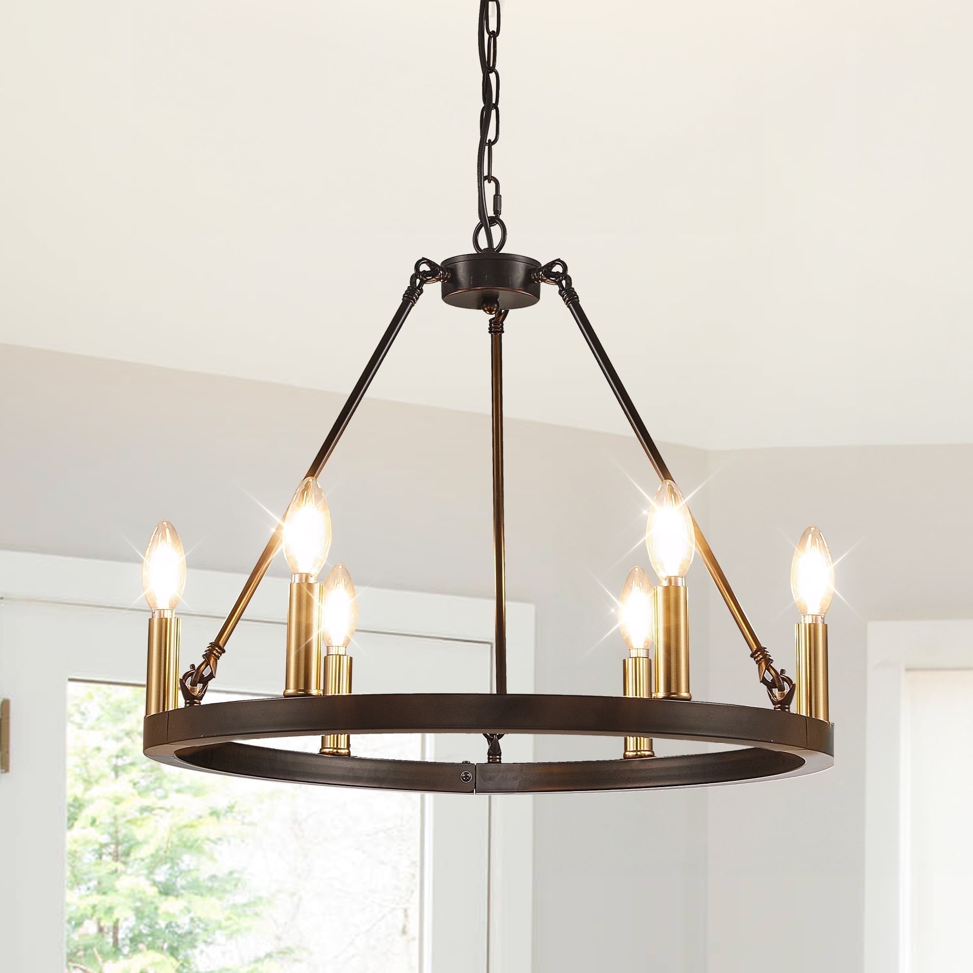 LovingAHome 6-Lights Gold Industrial Wagon Wheel Chandelier Light Fixture for Foyer Dining Room Kitchen Living Room Entryway