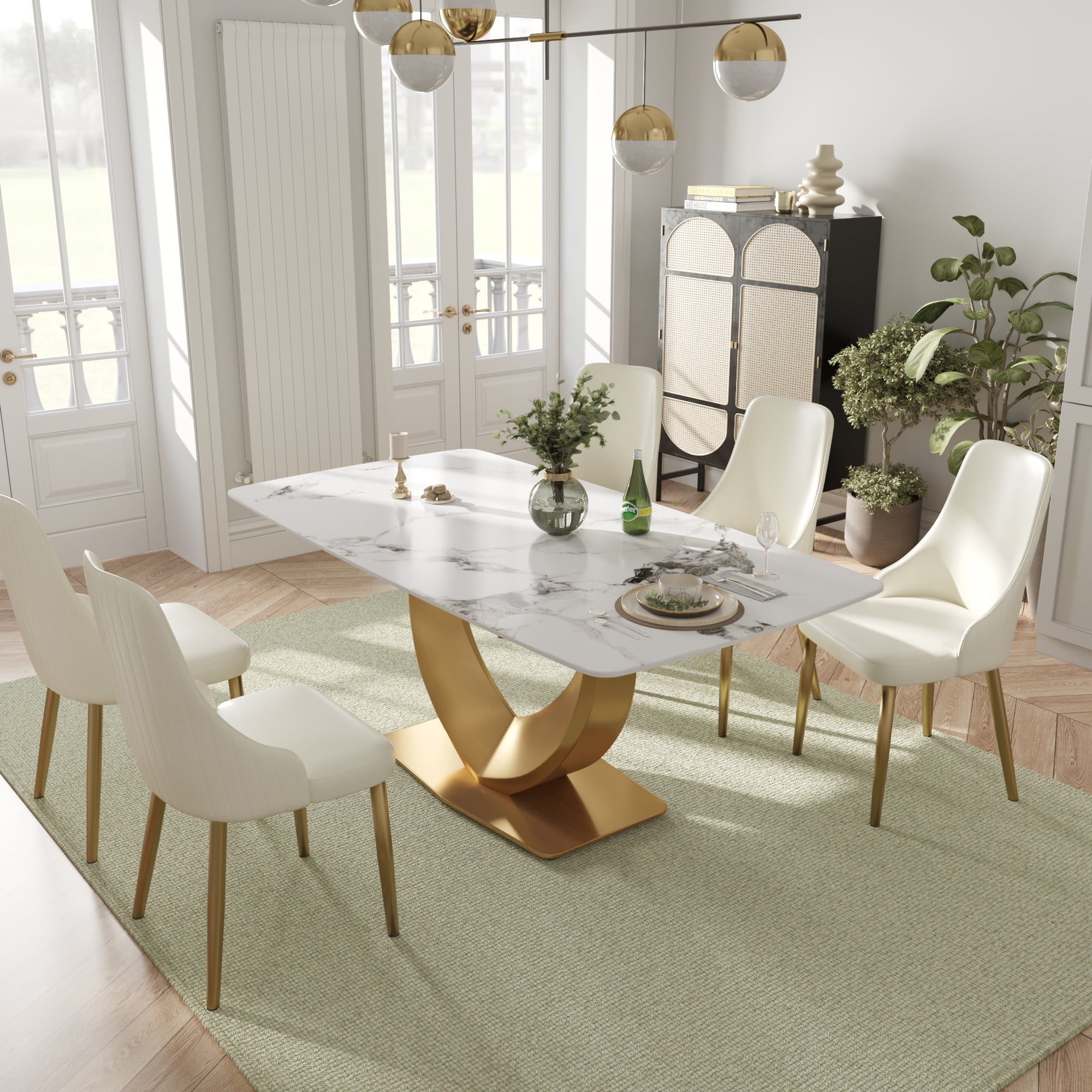 LovingAHome 71" Faux Marble Dining Table for 6 Luxury White Marble Kitchen Table W/Golden Heart ...