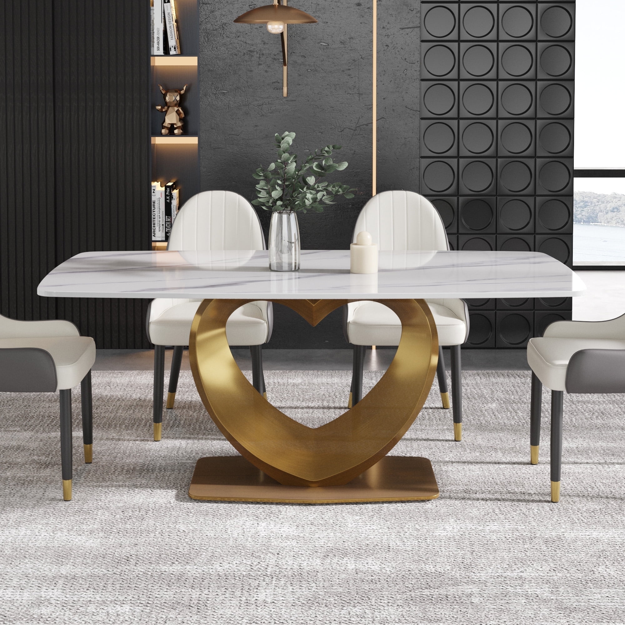 LovingAHome 71" Faux Marble Dining Table for 6 Luxury White Marble Kitchen Table W/Golden Heart ...
