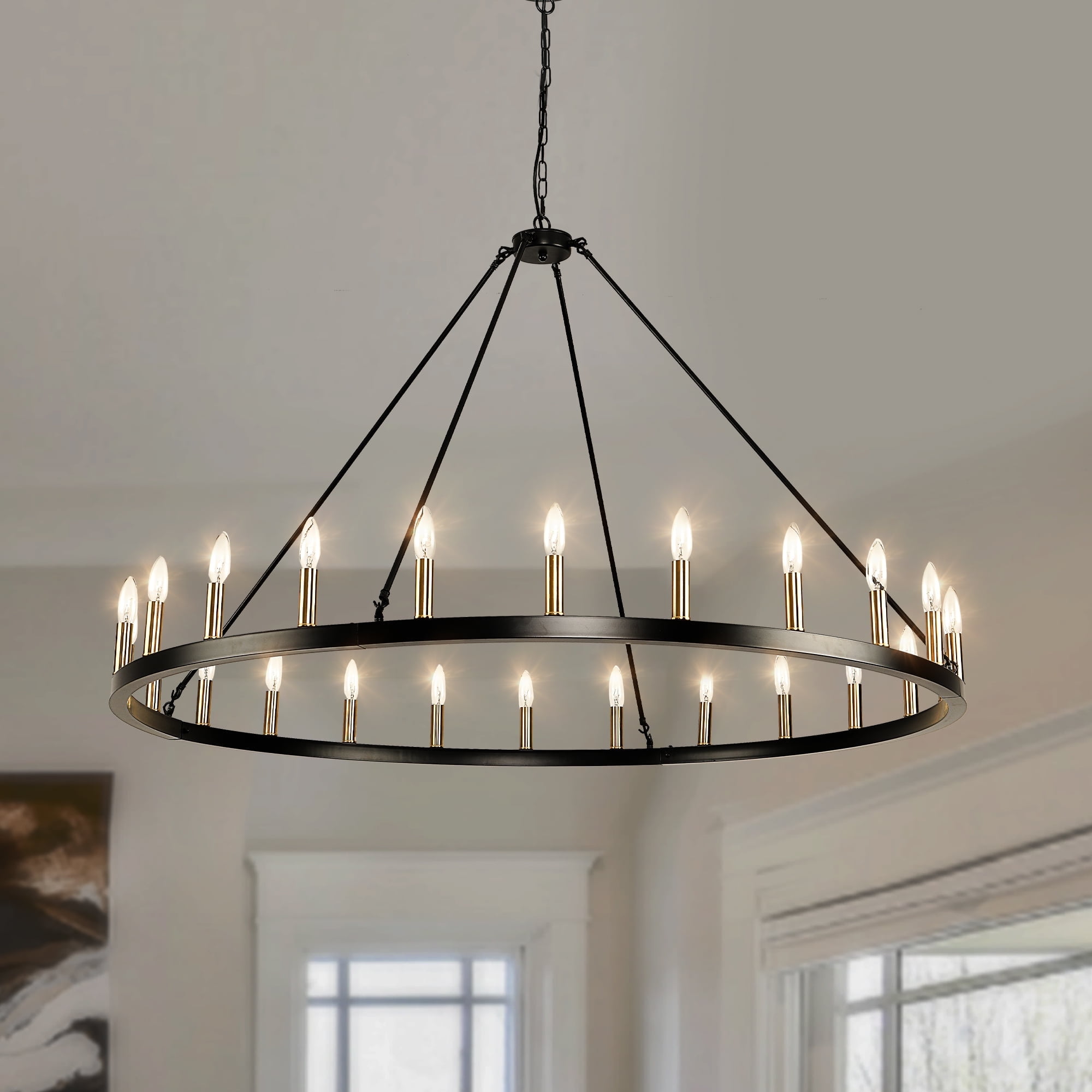 LovingAHome Black Gold Farmhouse Chandelier Metal, 54'' 24-lights Rustic Wagon Wheel Chandelier For Living Room Entryway