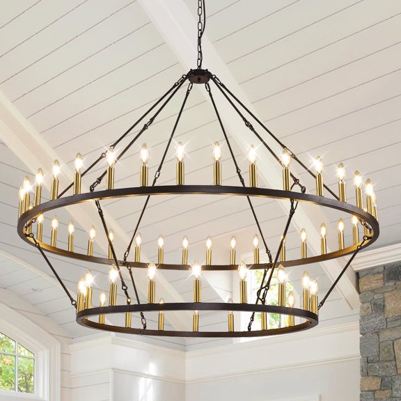LovingAHome Black Gold Wagon Wheel Chandelier 60" Wide Farmhouse Rustic 54-Light Fixture for Living Room Foyer Entryway