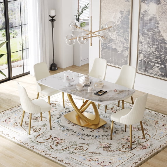 LovingAHome Dining Table Sets for 6, Dining Room Table with 6 PU Leather Upholstered Chairs, White Marble Dining Table Set for Kitchen, Dining Room