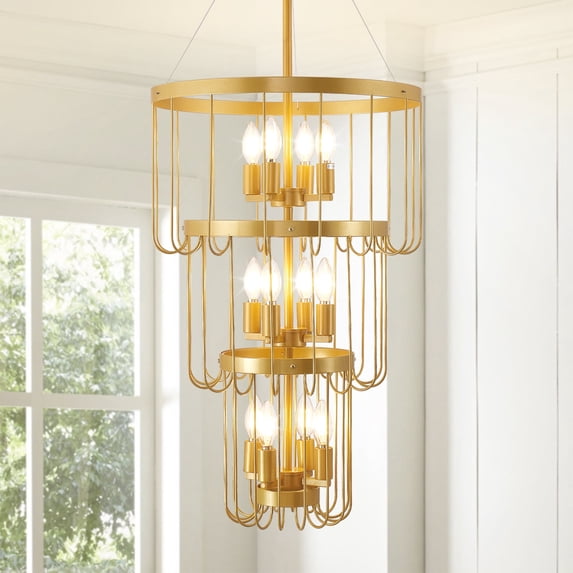LovingAHome Industrial Traditional Vantage 12 Lights Lantern Hanging Light 3-Tier Cake Chandelier,Gold
