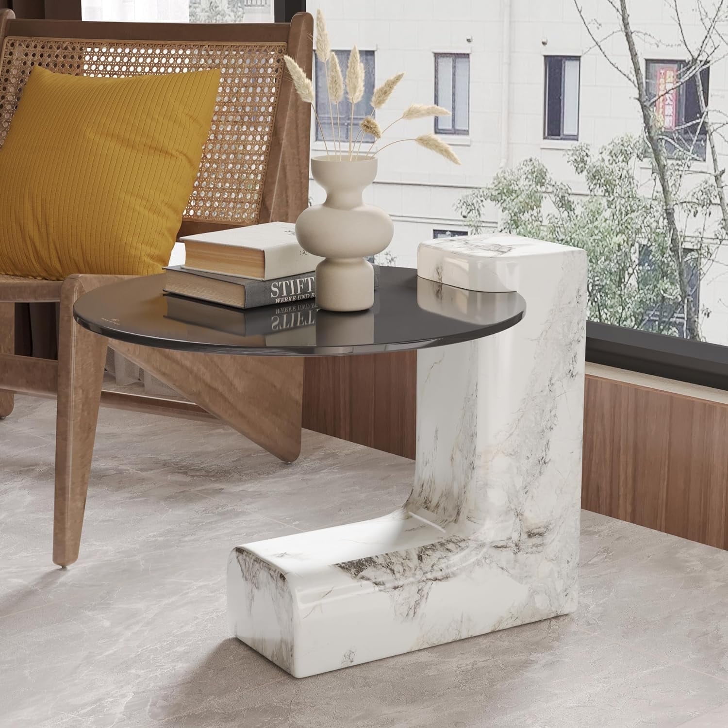 LovingAHome Modern Coffee Table Round Glass Top W/Faux Marble Leg for ...