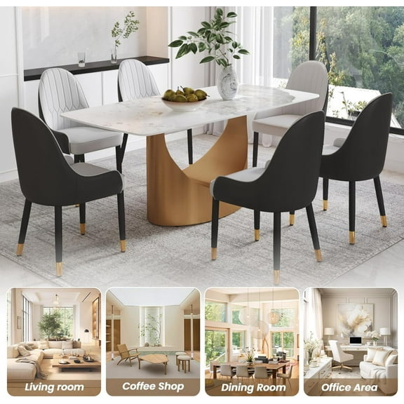 LovingAHome Modern Dining Table, 71 in White Marble Sintered Stone Top with Unique U-Shape Gold Carbon Steel Pedestal