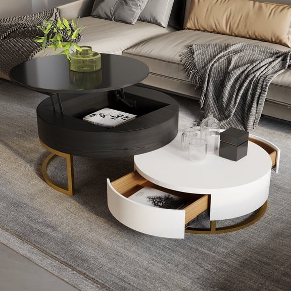 LovingAHome Modern Lift Top Nesting Coffee Table Set of 2 Sofa Table 360 Degree Rotation Space-Saving Marble Coffee Table Black&White