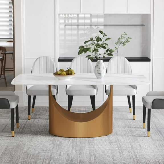 LovingAHome Modern Rectangle Marble Dining Table for 6, 63" Antique White Marble Sintered Stone Top Table with Unique U-Shape Gold Carbon Steel Pedestal Table (Table Only)