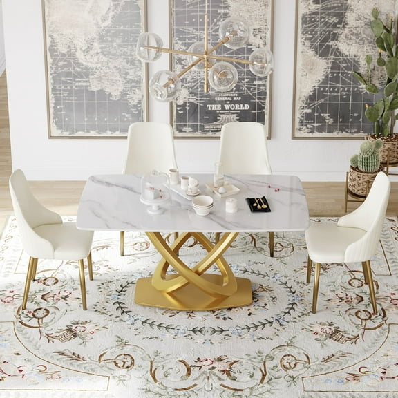 LovingAHome Modern White Dining Table for 4, 63'' Faux Marble Marble Sintered Stone Top with X-Shape Gold Pedestal for Kitchen/Dining Room(Table Only)