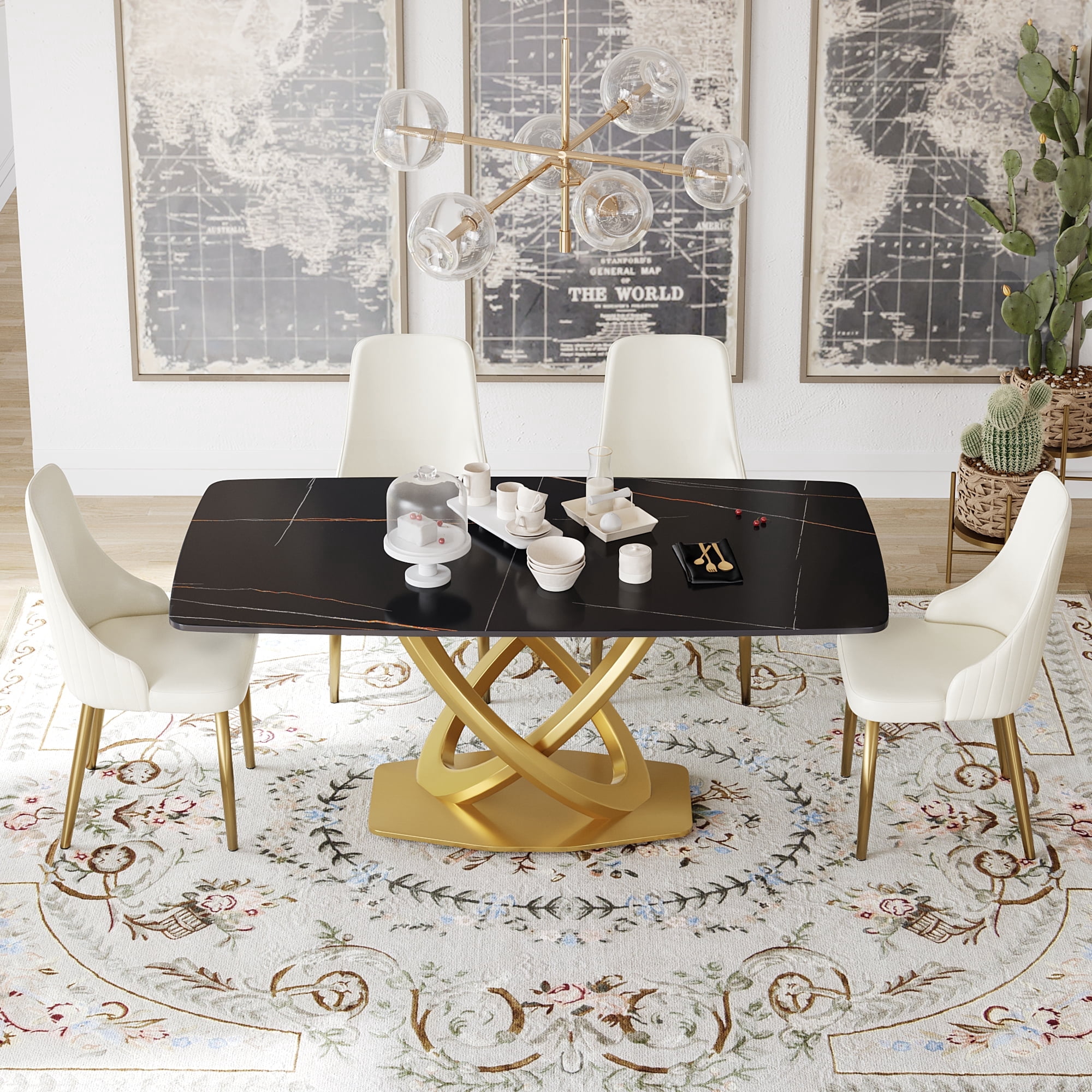 LovingAHome Modern White Dining Table for 6, 71'' Faux Marble Marble ...