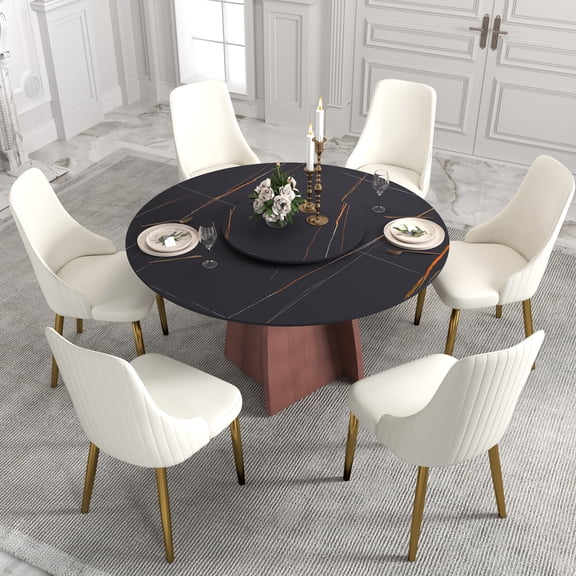LovingAHome Round Dining Table for 4-6, Modern Dining Room Table 53" Black Gold Sintered Stone Tabletop with Copper Stainless Steel Base for Kitchen (Table Only)